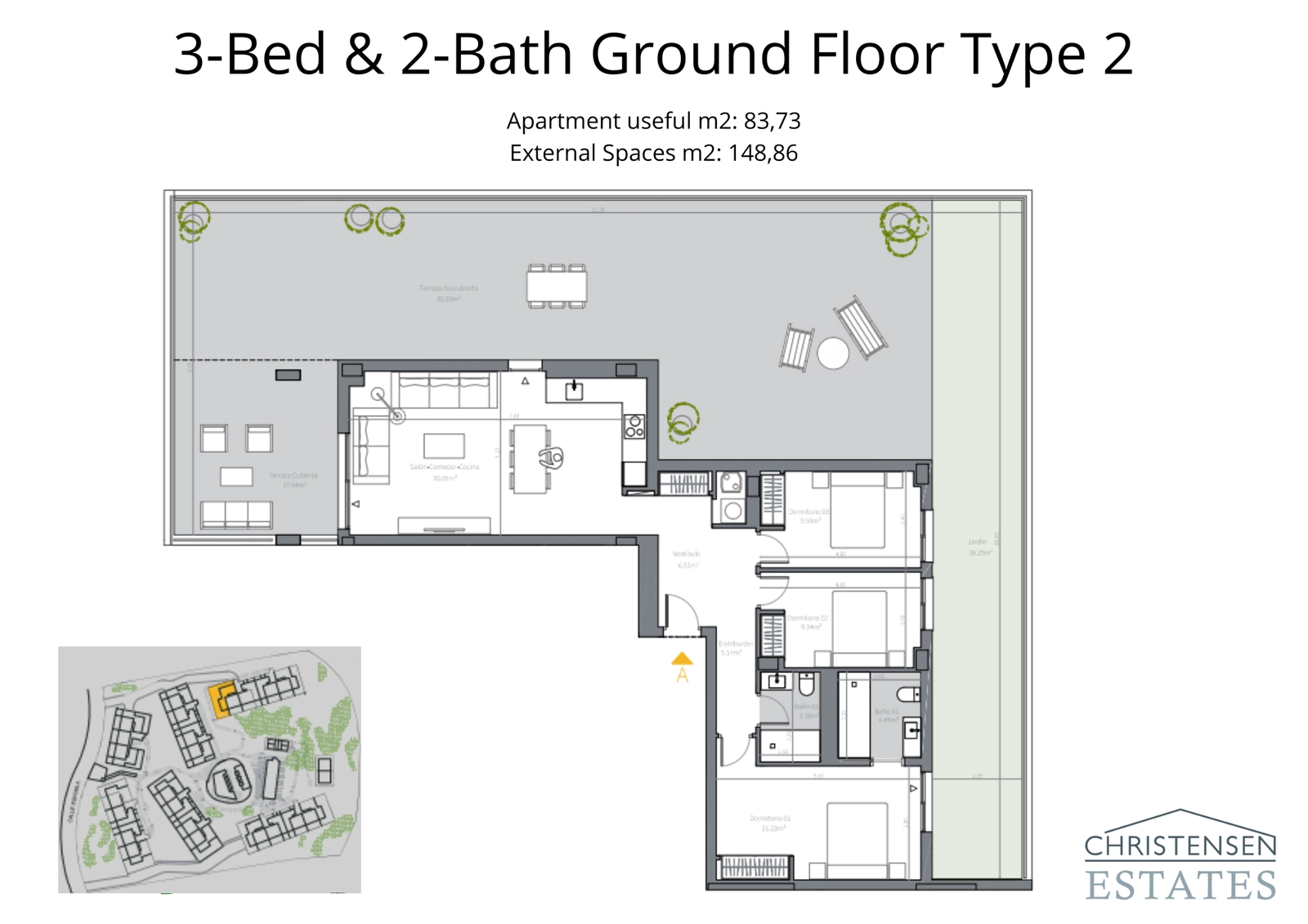 Un amplio apartamento de tres dormitorios en planta baja con una impresionante terraza envolvente y zona de jardín.