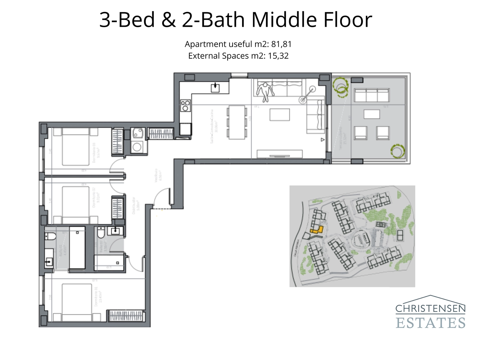 Una residencia de tres dormitorios en planta intermedia con una distribución práctica, que separa las zonas de descanso del espacio principal de estar para mayor privacidad.