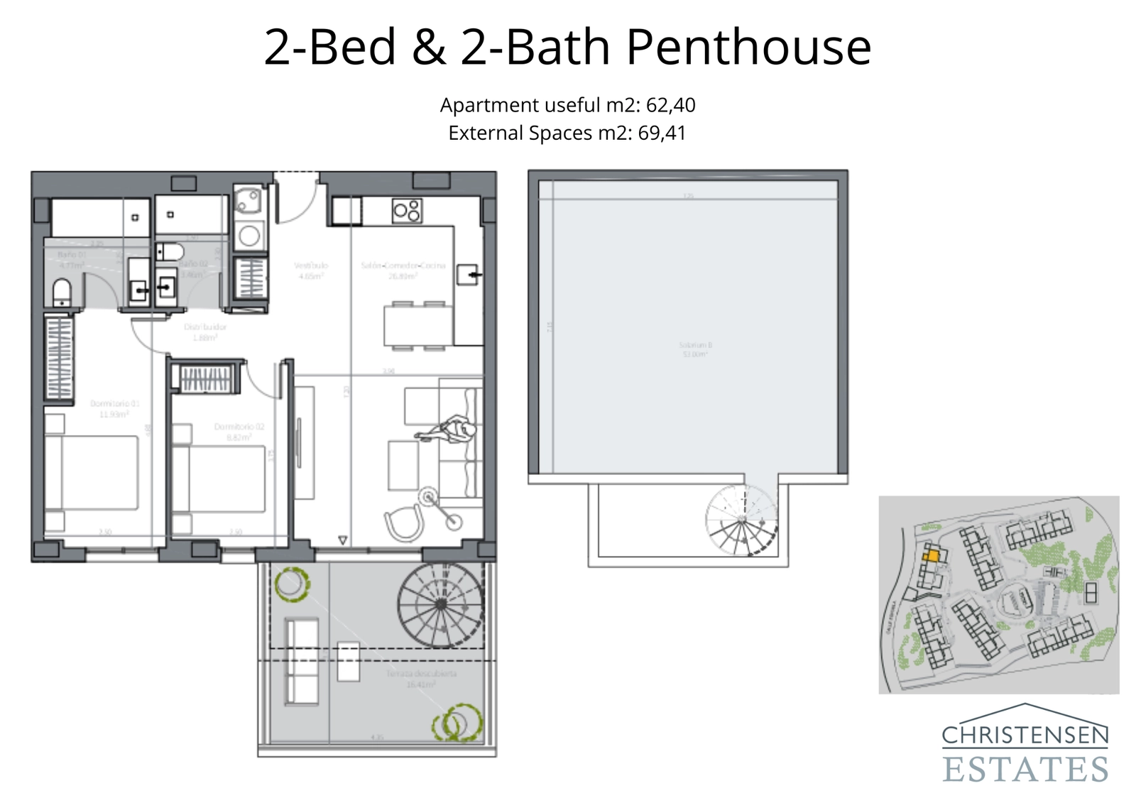 Exclusivo diseño de ático de dos dormitorios con una gran terraza y una escalera de caracol privada que conduce a un magnífico solárium en la azotea.