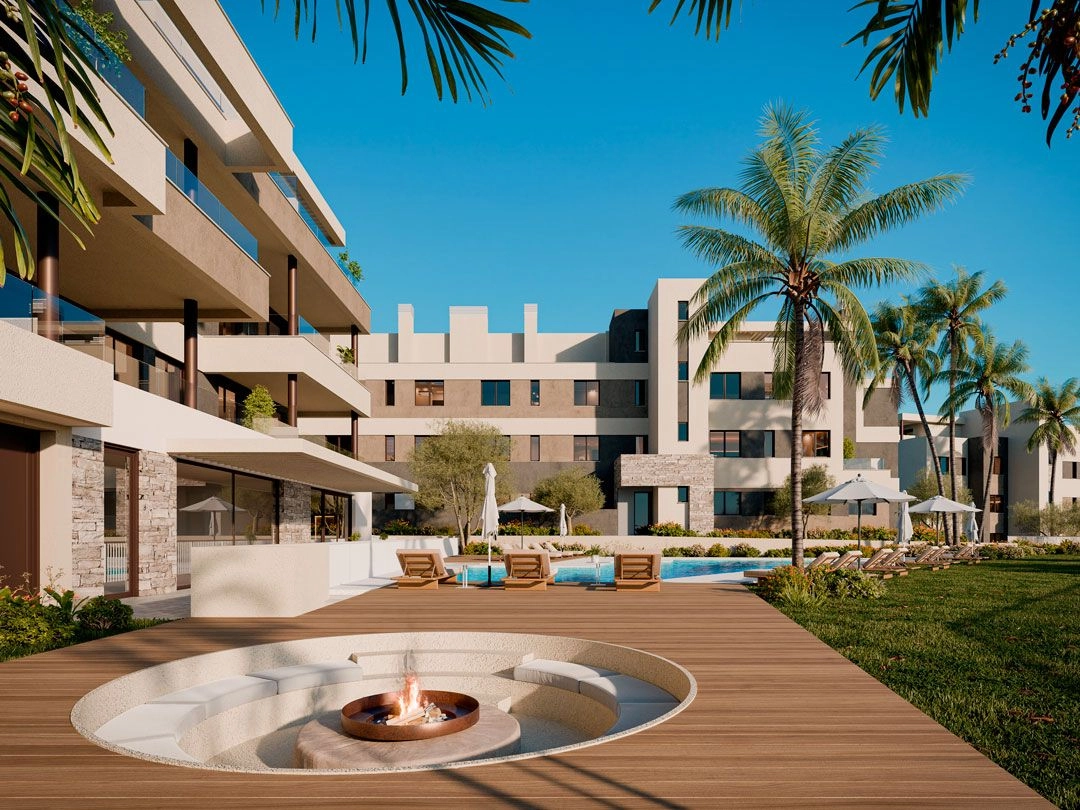 Una elegante zona de relax con fogata, perfecta para veladas sociales con amigos y familia.