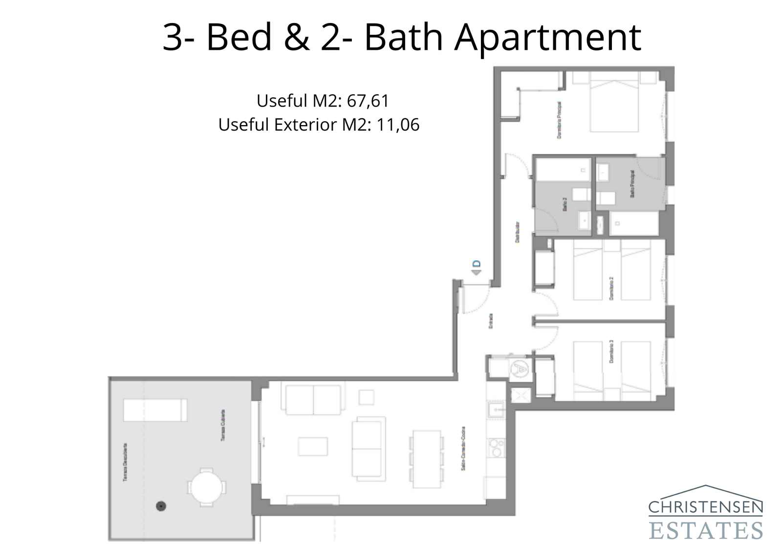 Este plano muestra el apartamento de tres dormitorios, ofreciendo un espacio generoso para familias y una gran terraza privada.