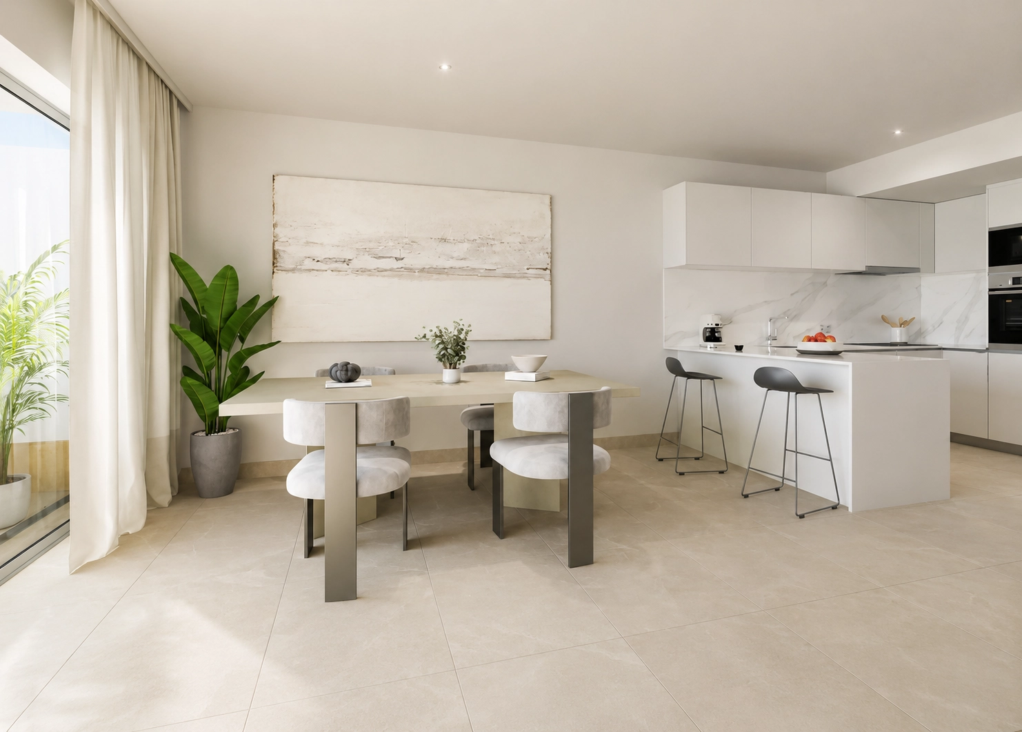 La zona de salón y comedor de planta abierta está inundada de luz natural, creando un ambiente luminoso y acogedor.