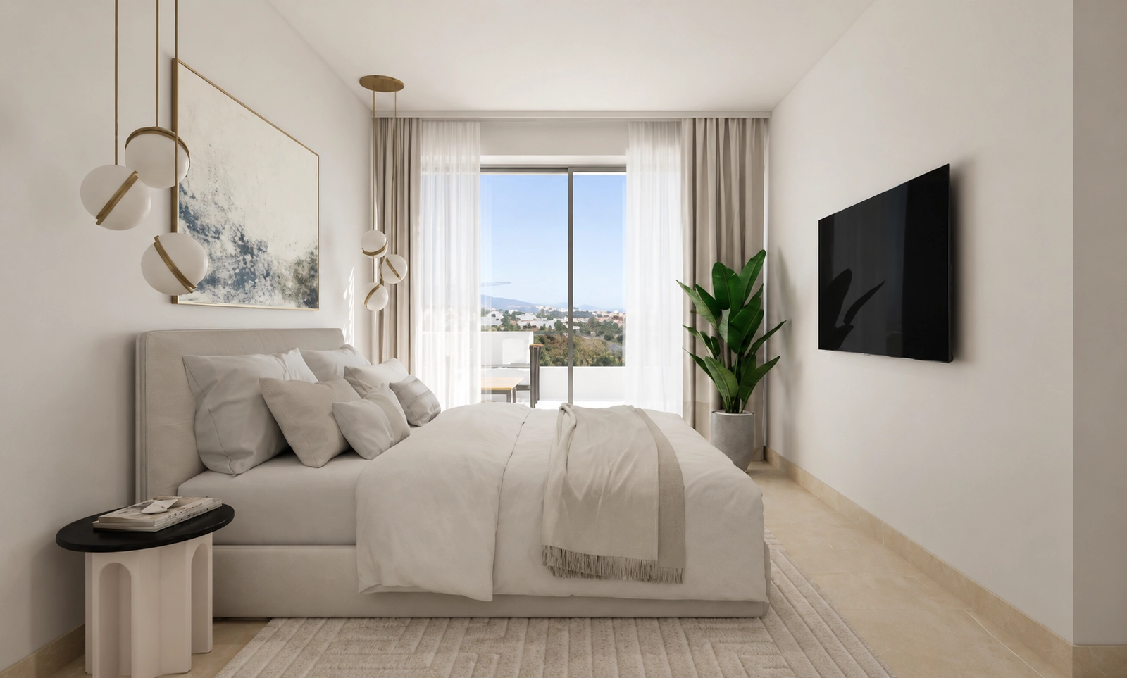 Un dormitorio principal sereno y espacioso con acceso directo a una terraza privada, que ofrece un espacio personal para el descanso y la relajación.