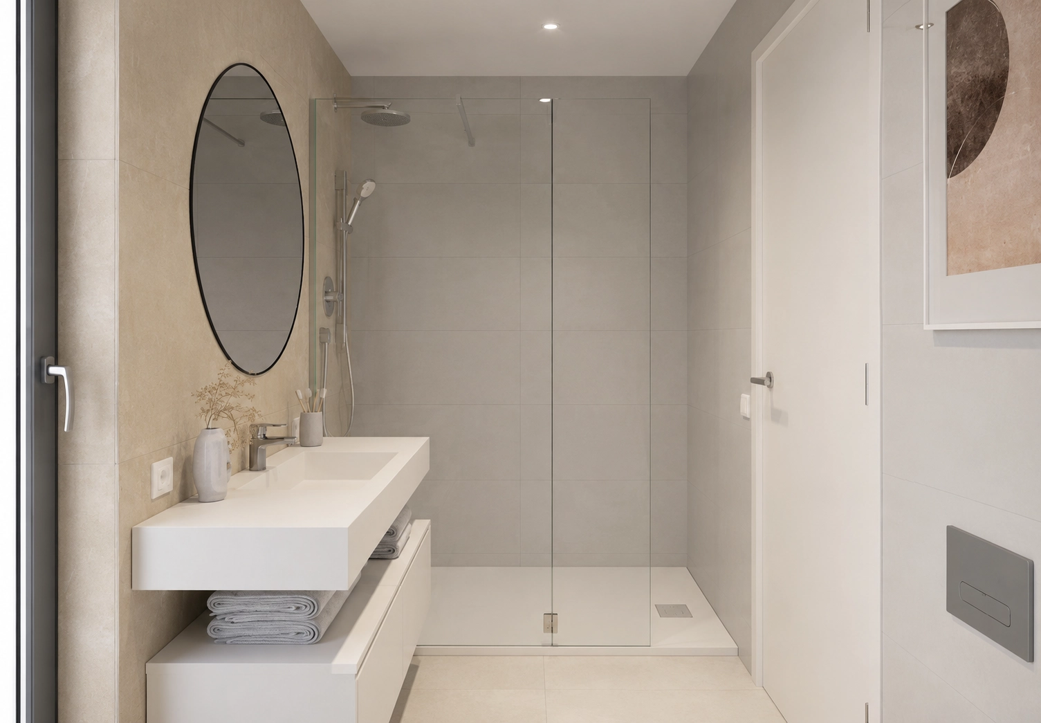 Baño de diseño elegante con materiales de primera calidad, ducha a ras de suelo y accesorios contemporáneos.
