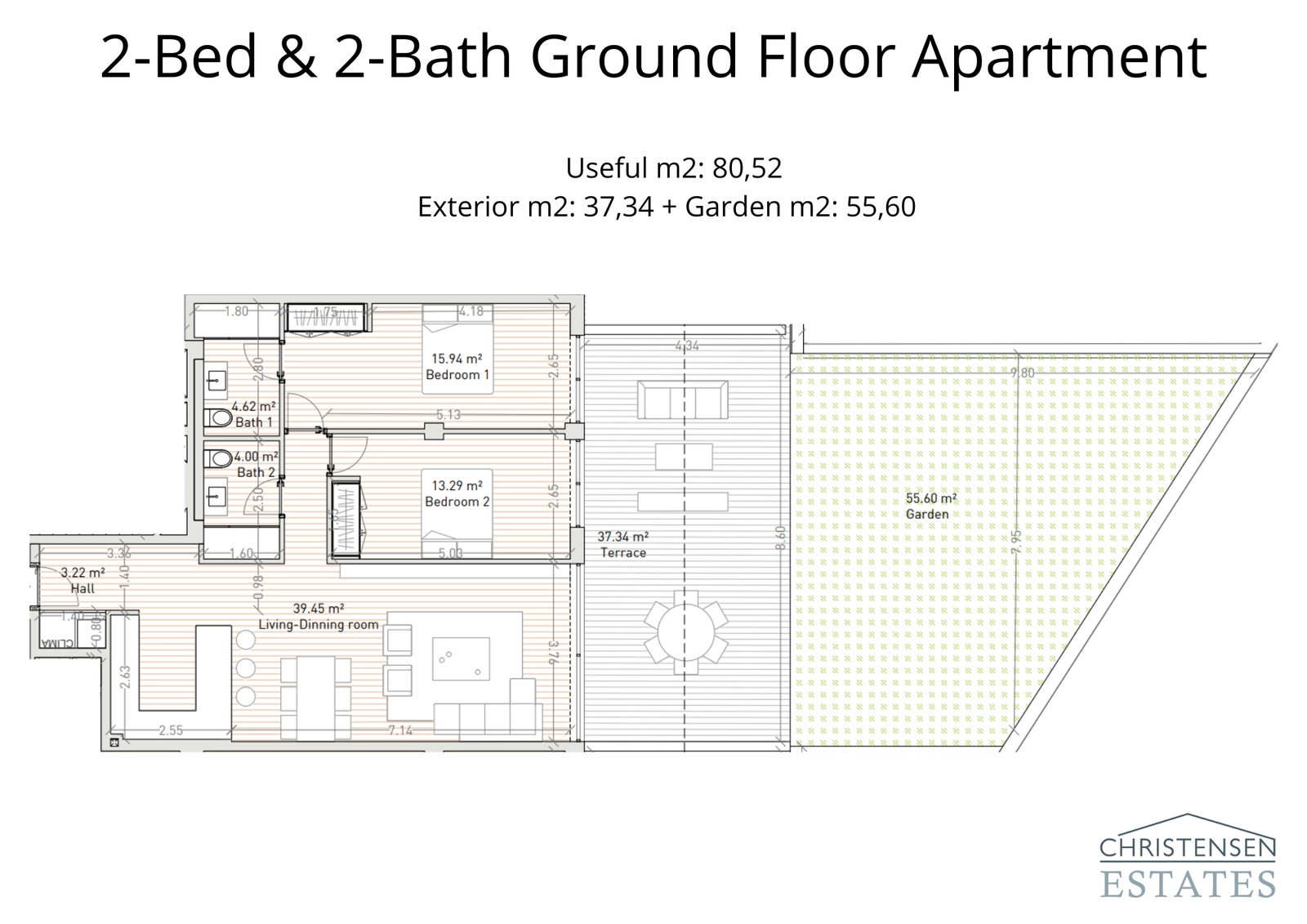 Este piso de dos dormitorios en planta baja cuenta con una distribución inteligente que se extiende a una generosa terraza y jardín privado, perfecto para familias y para el ocio al aire libre.