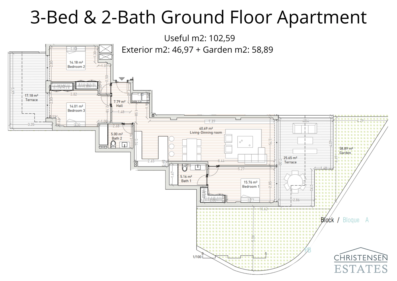 Una espaciosa distribución de tres dormitorios en planta baja con una zona de estar integrada, gran terraza y jardín privado, que ofrece un estilo de vida excepcional interior-exterior.