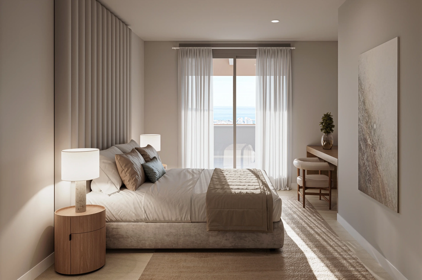 Un tranquilo dormitorio principal que ofrece confort, estilo y acceso privado a las vistas al mar.