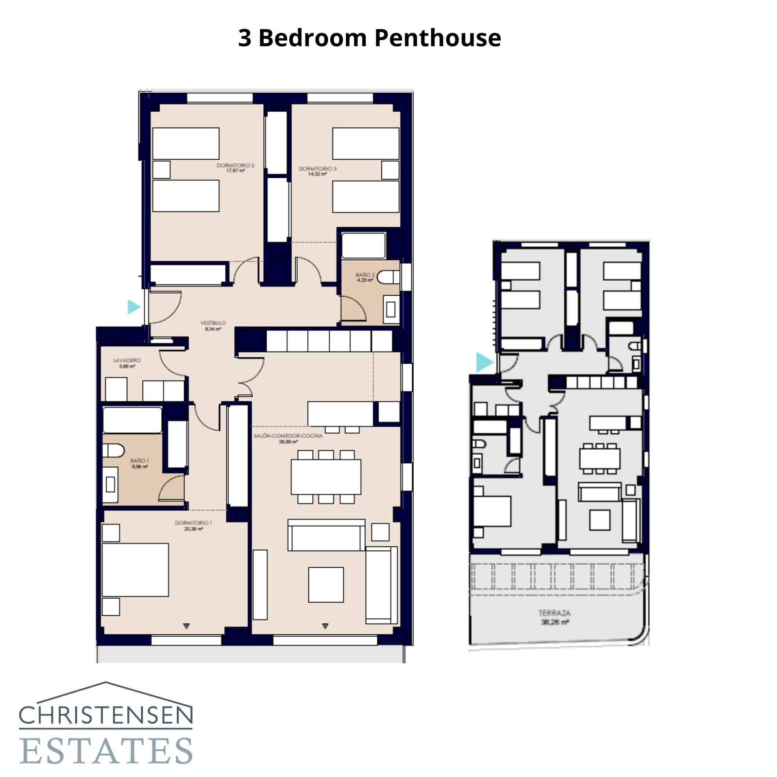 Distribución de un ático de tres dormitorios, destacando la amplia zona de estar y la terraza.