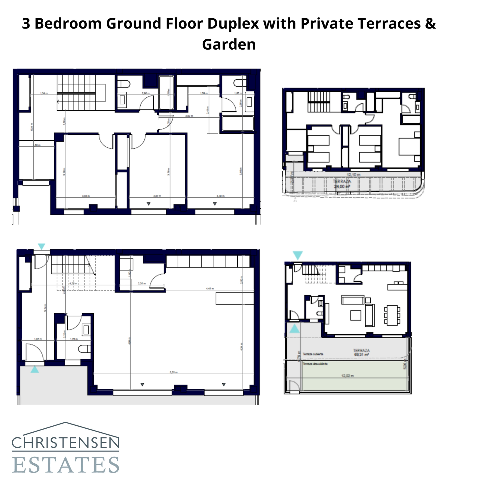 Plano de un dúplex espacioso de tres dormitorios en planta baja, con amplias terrazas privadas y jardín.