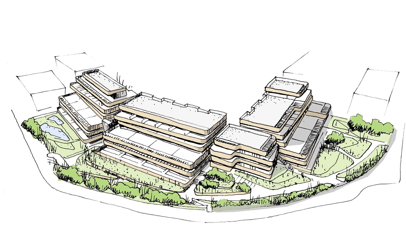 Boceto arquitectónico que ilustra el elegante diseño de la promoción y su integración con el paisaje.