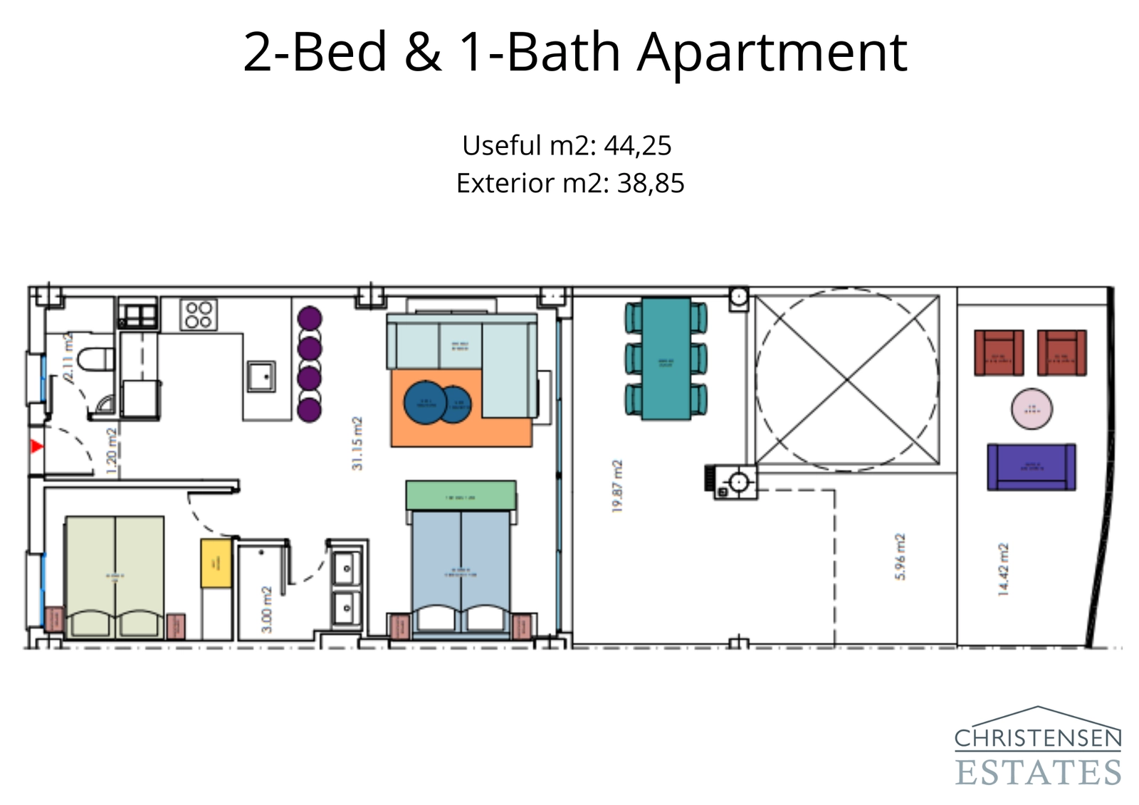 Plano de un apartamento bien diseñado de dos dormitorios y un cuarto de baño, que muestra una distribución eficiente con una generosa terraza exterior.