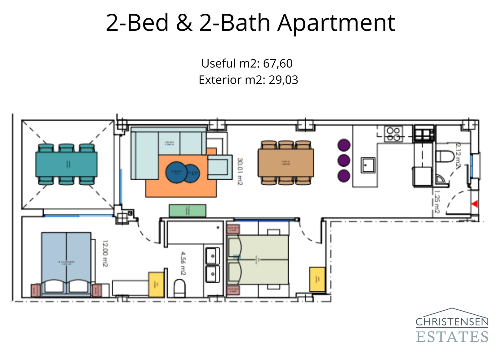Plano de un espacioso apartamento de dos dormitorios y dos cuartos de baño, destacando la zona de estar de concepto abierto y los cómodos tamaños de los dormitorios.