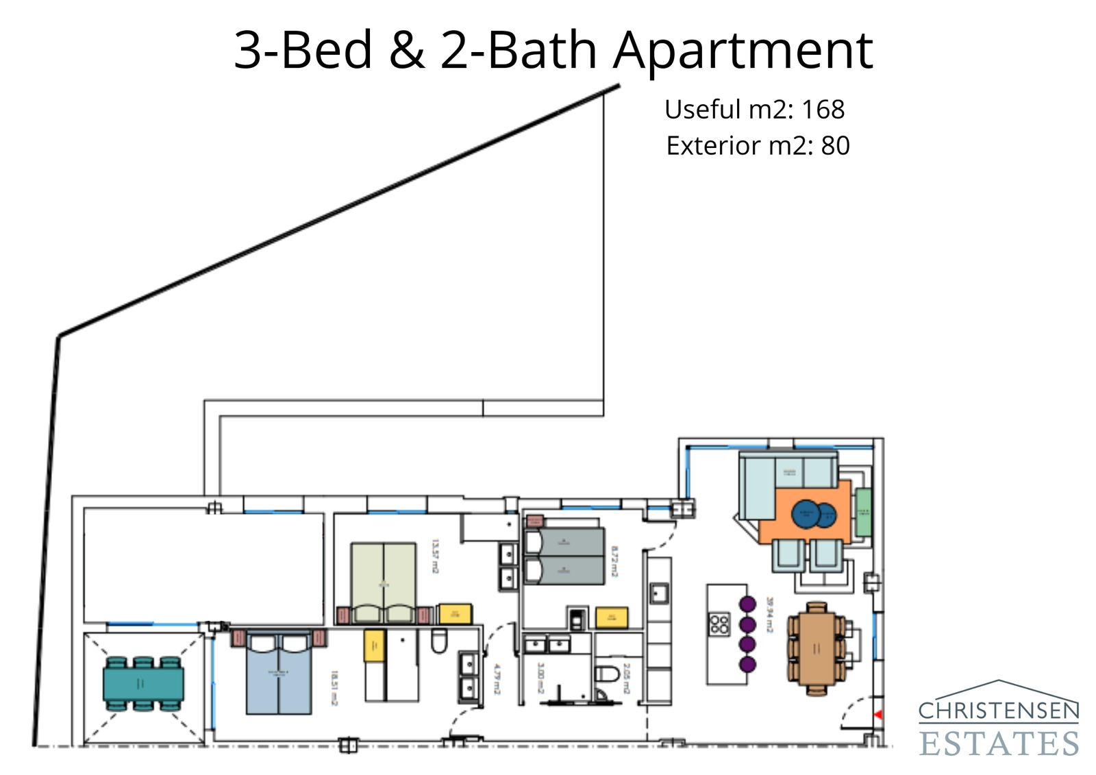 Este plano de apartamento de tres dormitorios ofrece un amplio espacio para la vida familiar, con una gran terraza para disfrutar del estilo de vida de la Costa del Sol.