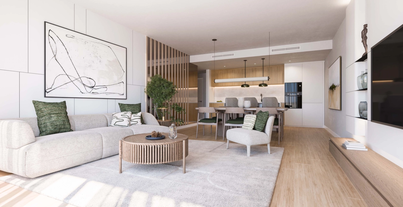 Interiores contemporáneos con materiales de alta calidad y una paleta de colores sofisticada y neutra.