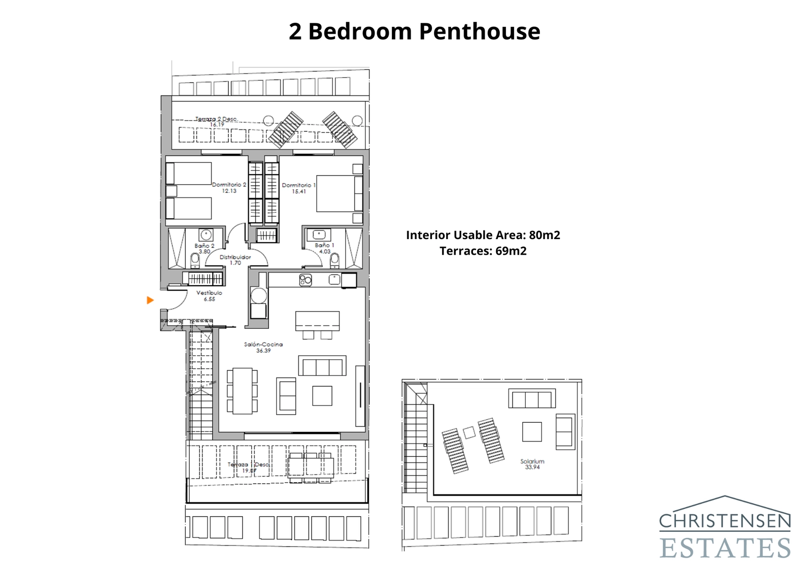 Ático de dos dormitorios – La máxima expresión del lujo, esta distribución incluye un espectacular solárium en la azotea para tomar el sol y entretenerse en privado.