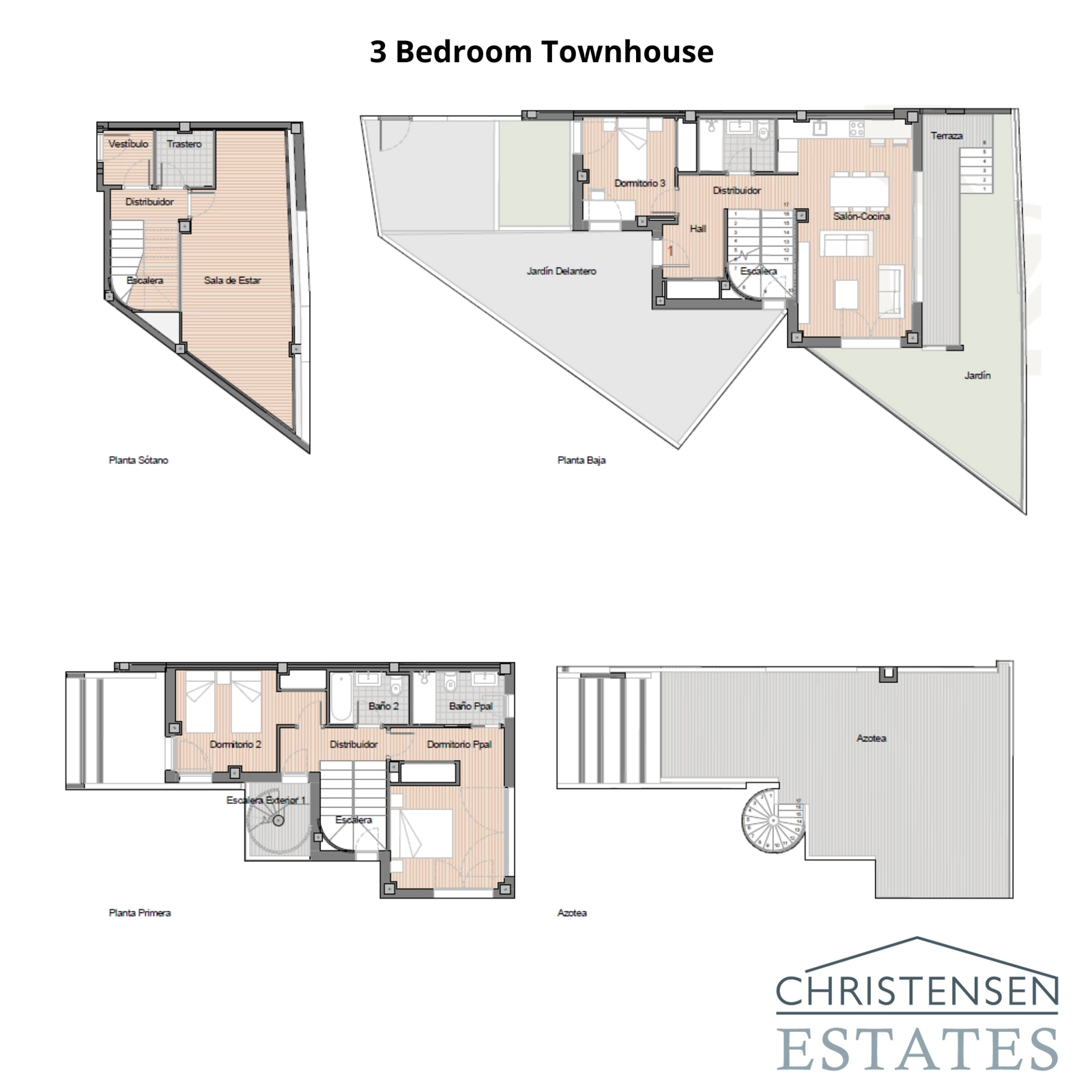 Este plano muestra la distribución de un amplio chalet adosado de 3 dormitorios, detallando la distribución de las estancias en el sótano, planta baja, primera planta y solárium en la azotea.