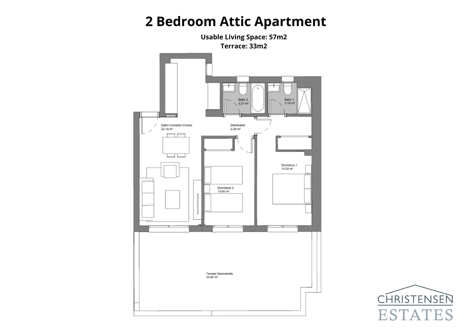 El ático de dos dormitorios incluye una magnífica terraza para disfrutar del sol y las vistas.