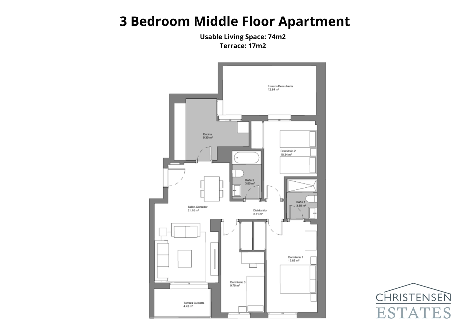 Una espaciosa vivienda de tres dormitorios, ideal para familias, con amplias zonas de estar y dos terrazas.