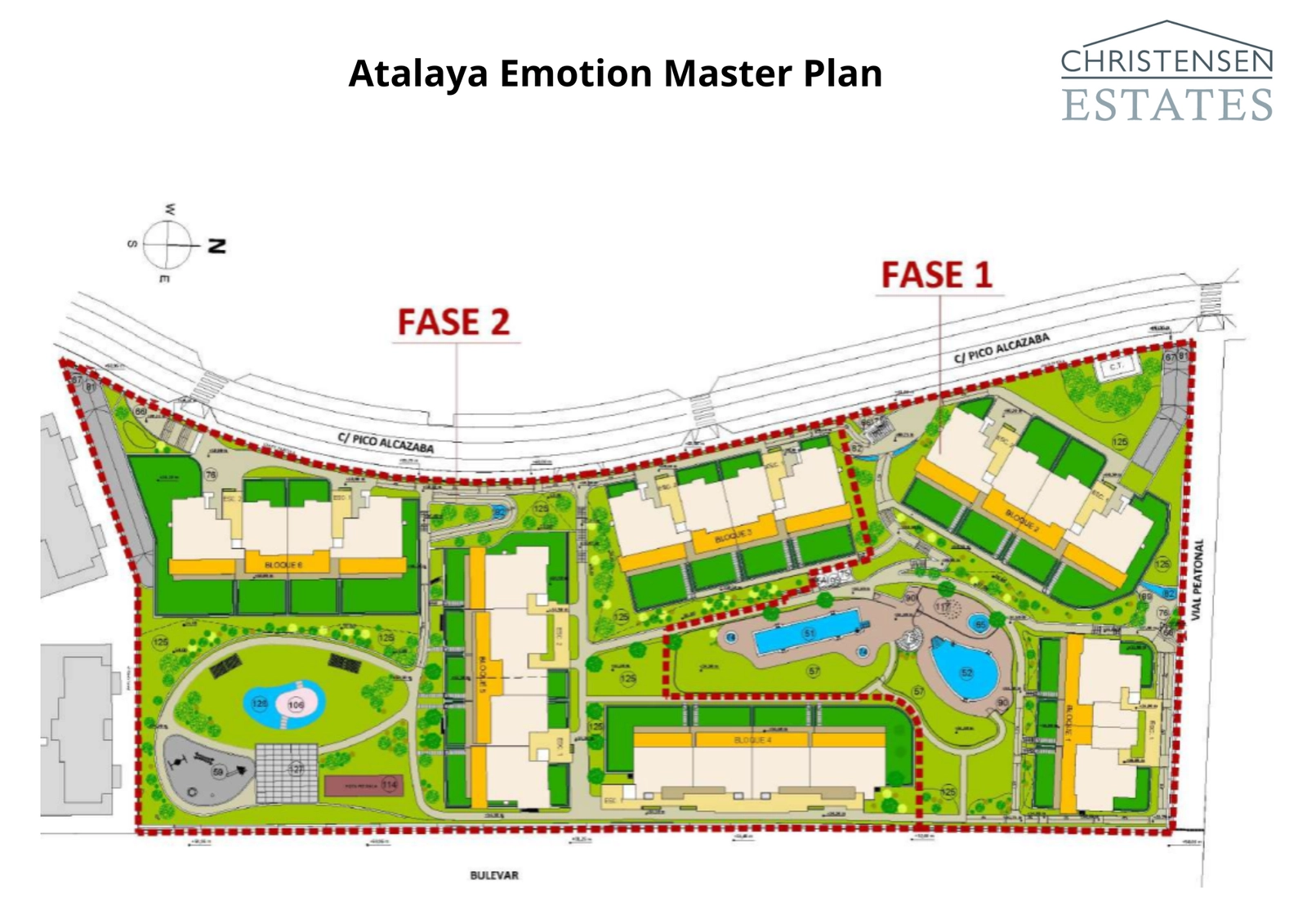 Este plano maestro ilustra la cuidada distribución de la urbanización, mostrando las amplias zonas verdes y las instalaciones comunitarias.