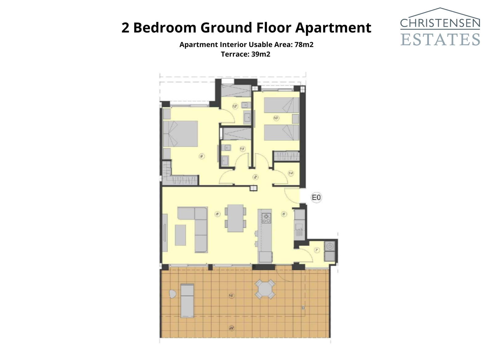 La distribución de una vivienda de dos dormitorios en planta baja, diseñada para el confort con una sala de estar de planta abierta y una amplia terraza privada.