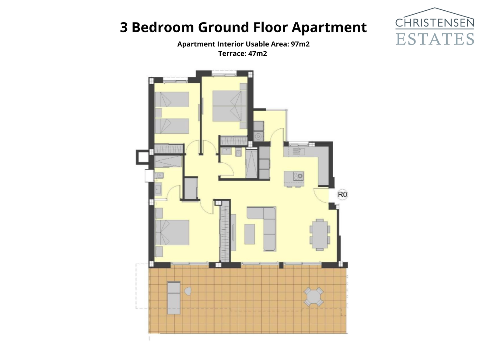 Una espaciosa distribución de tres dormitorios en planta baja, con interiores generosos que conectan con una gran terraza para un magnífico estilo de vida interior-exterior.