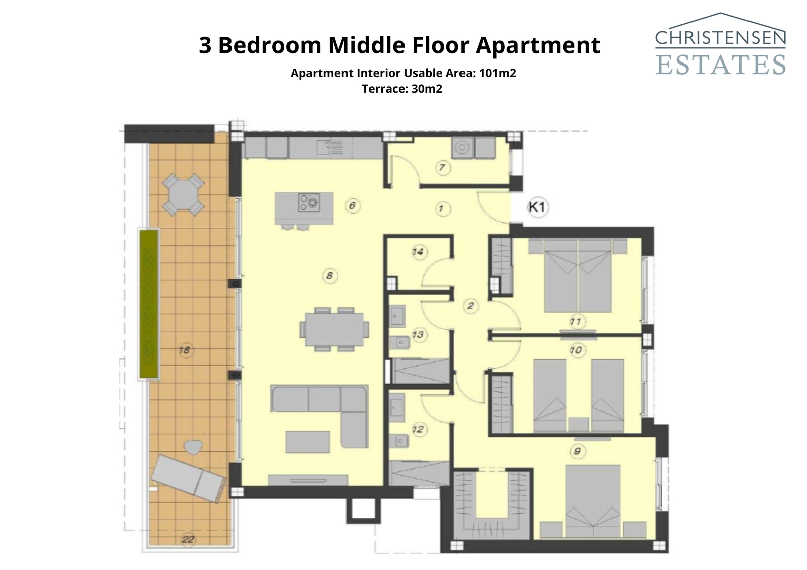 El plano de una vivienda de tres dormitorios en planta intermedia, que ofrece una distribución inteligente del espacio y una encantadora terraza para disfrutar del sol.