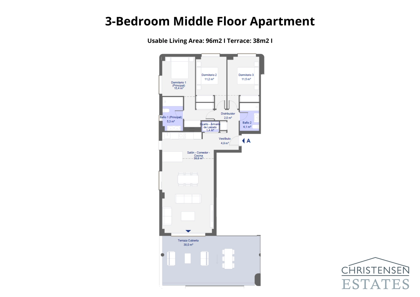 El bien proporcionado plano de apartamento de tres dormitorios ofrece cómodos espacios de vida y una generosa terraza cubierta.