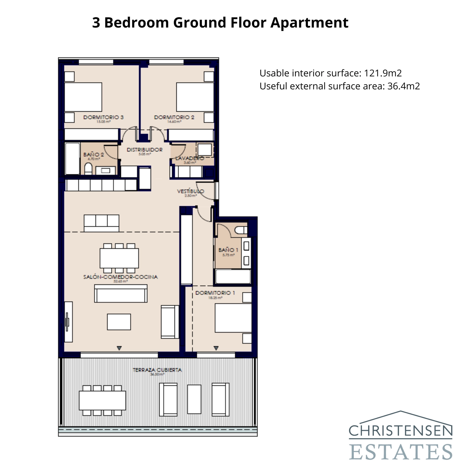 El espacioso plano de planta baja de tres dormitorios cuenta con una generosa terraza cubierta, ideal para familias y para disfrutar del agradable clima de la Costa del Sol.