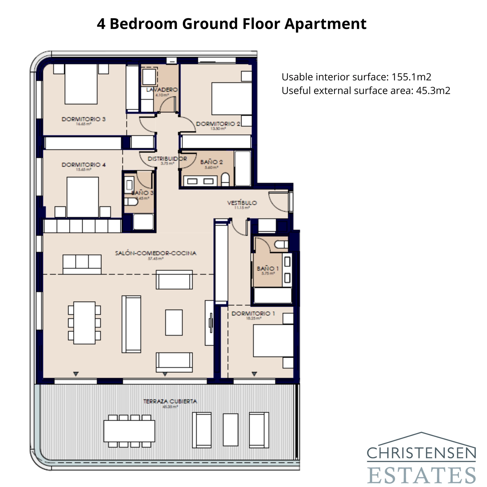 Una vivienda de planta baja de cuatro dormitorios bien diseñada que ofrece amplios espacios de vida y una gran terraza, perfecta para una vida cómoda y el entretenimiento.