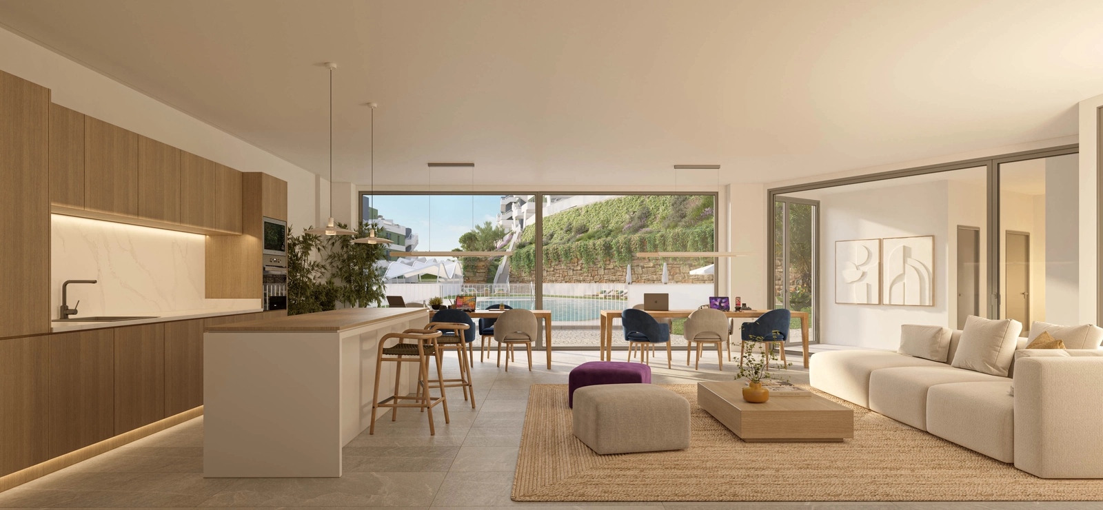 La sala de co-working donde los residentes pueden trabajar, reunirse o relajarse con comodidad.