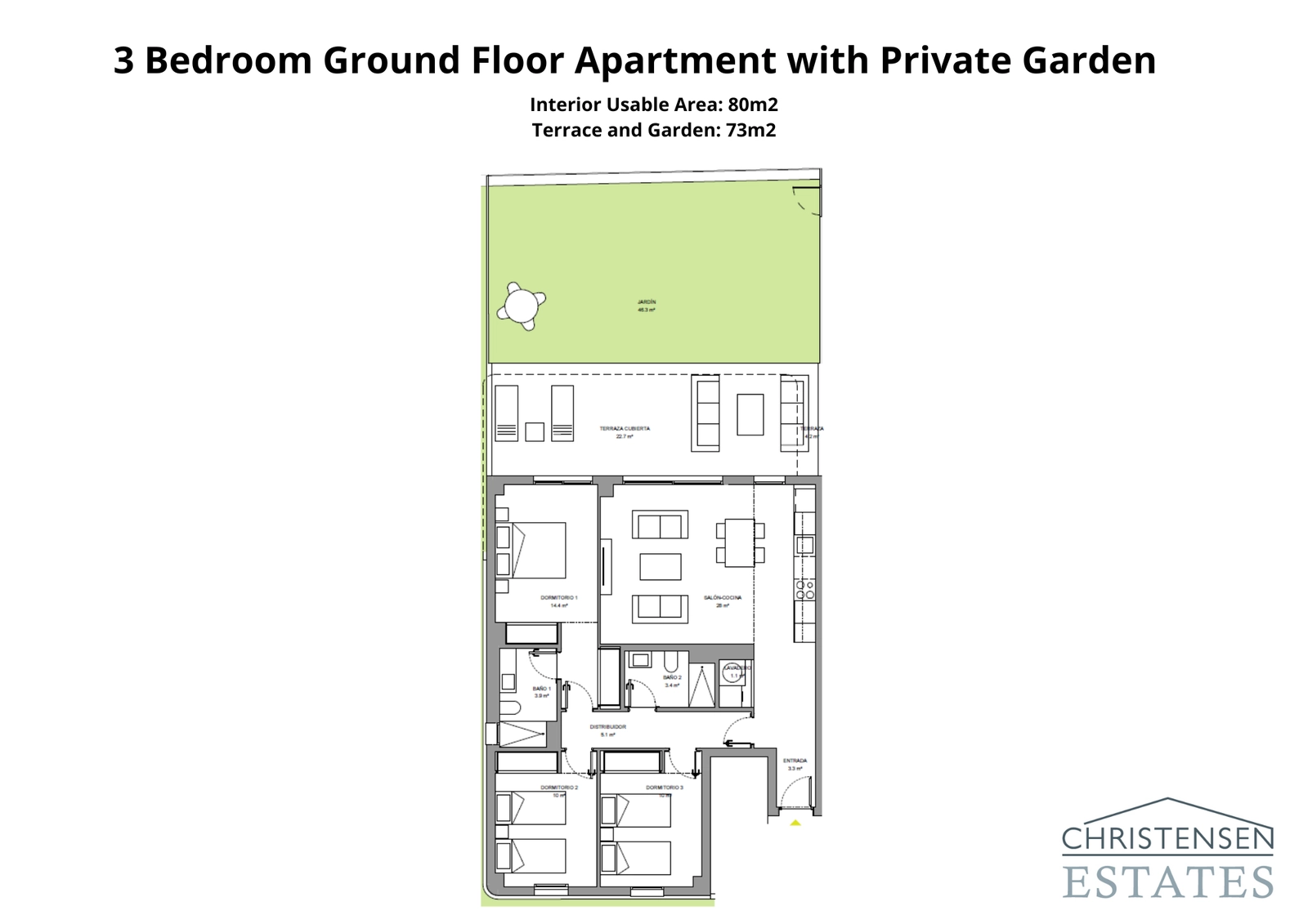 Vivienda en planta baja de tres dormitorios con interiores espaciosos conectados a una generosa terraza y jardín privado, perfecta para la vida al aire libre.