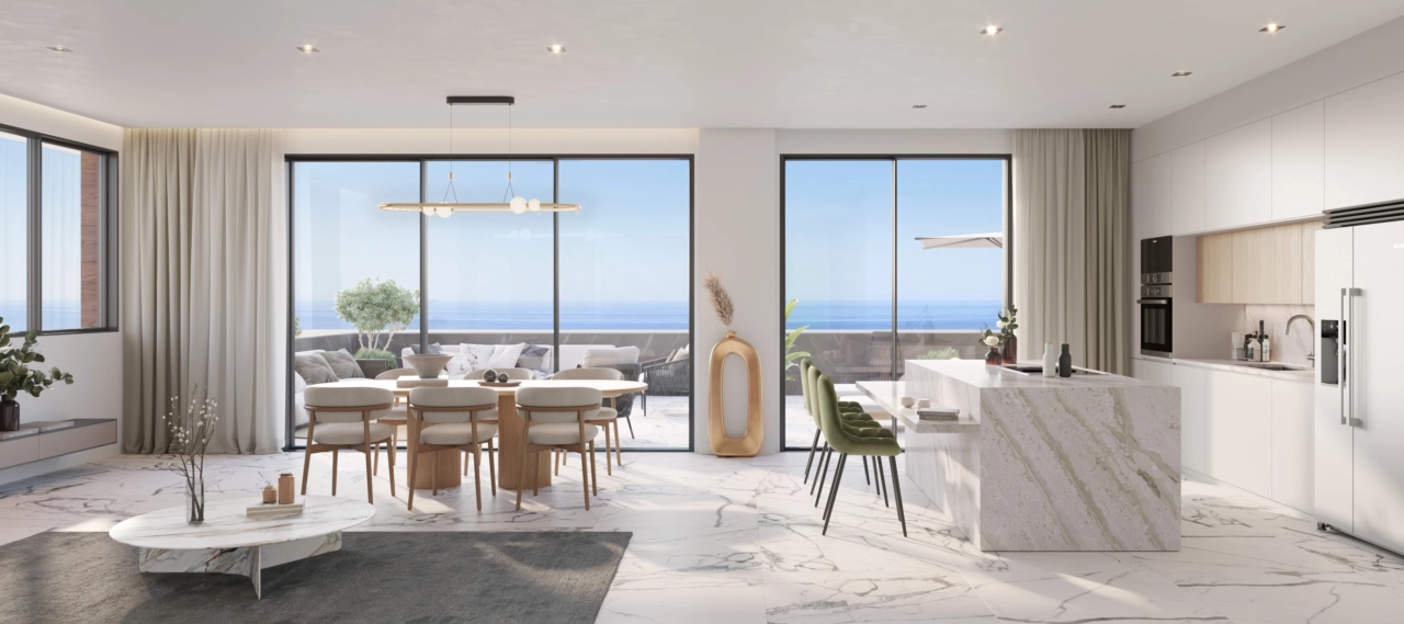 Un comedor de planta abierta, perfecto para el ocio con impresionantes vistas al mar.