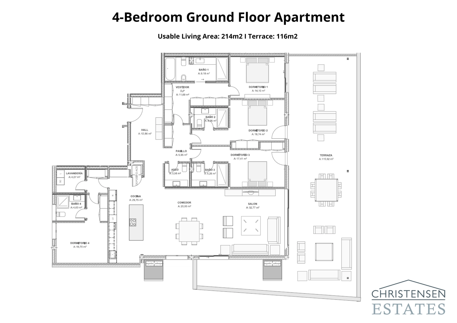 Un magnífico diseño de planta baja de cuatro dormitorios con amplios espacios de vida que se abren a una gran terraza, ideal para familias y para el ocio.