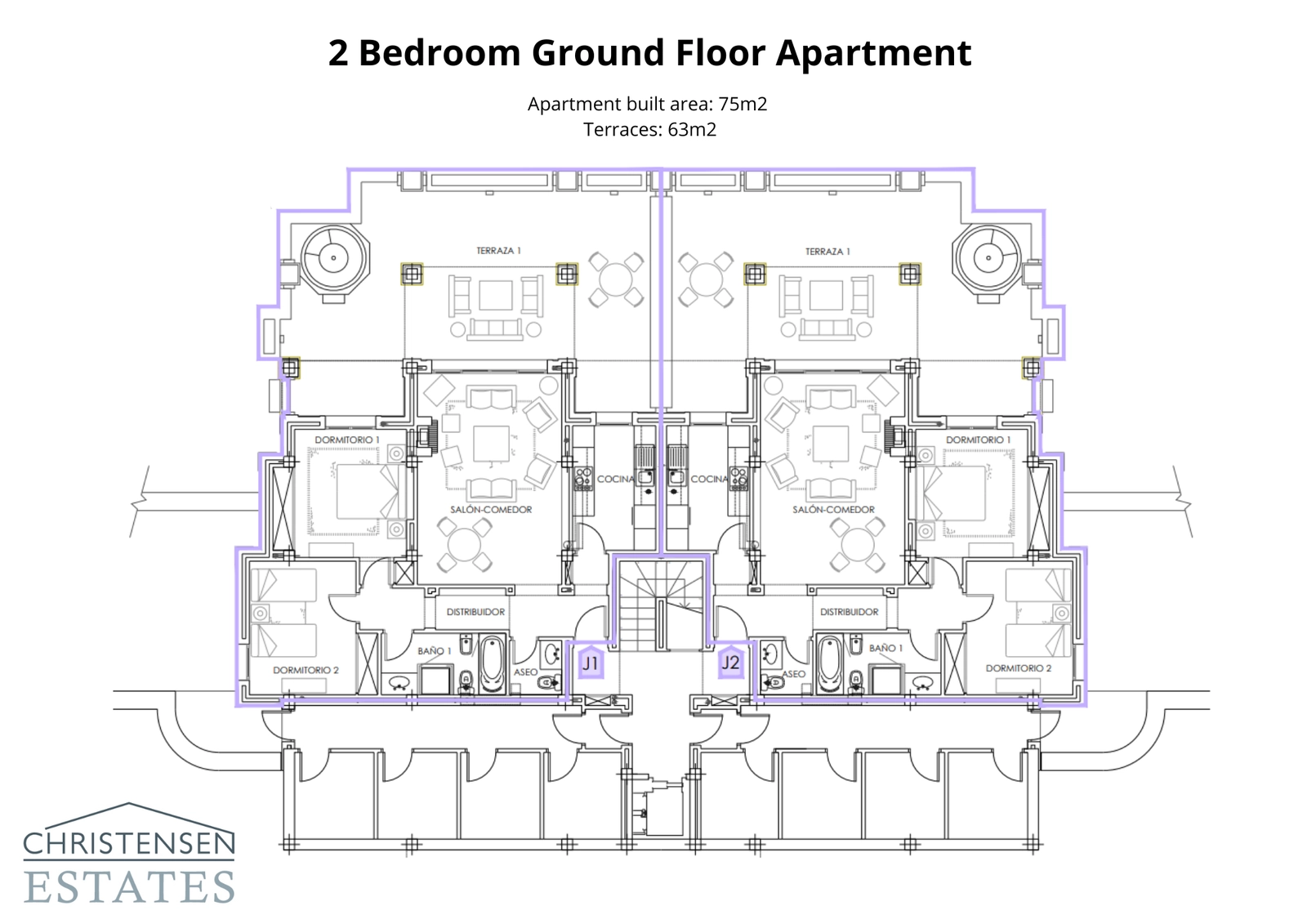 Plano de un apartamento de dos dormitorios en planta baja, destacando la espaciosa terraza que extiende la zona de estar al exterior.