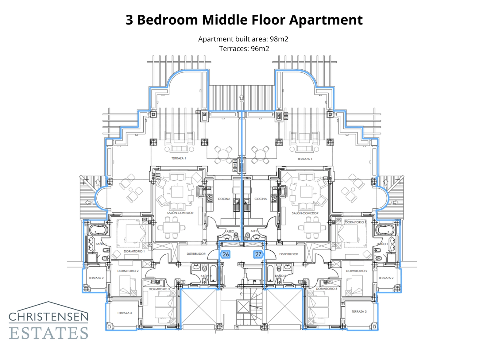 Una espaciosa distribución de apartamento de tres dormitorios, diseñada para el confort familiar con múltiples terrazas y una zona de estar de concepto abierto.
