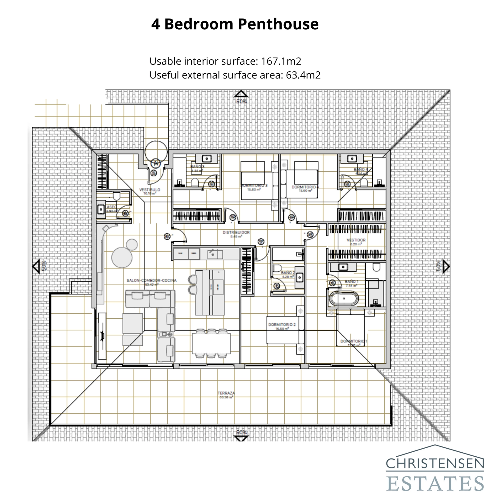 El exclusivo diseño de ático de cuatro dormitorios ofrece interiores amplios y una gran terraza para el máximo lujo.