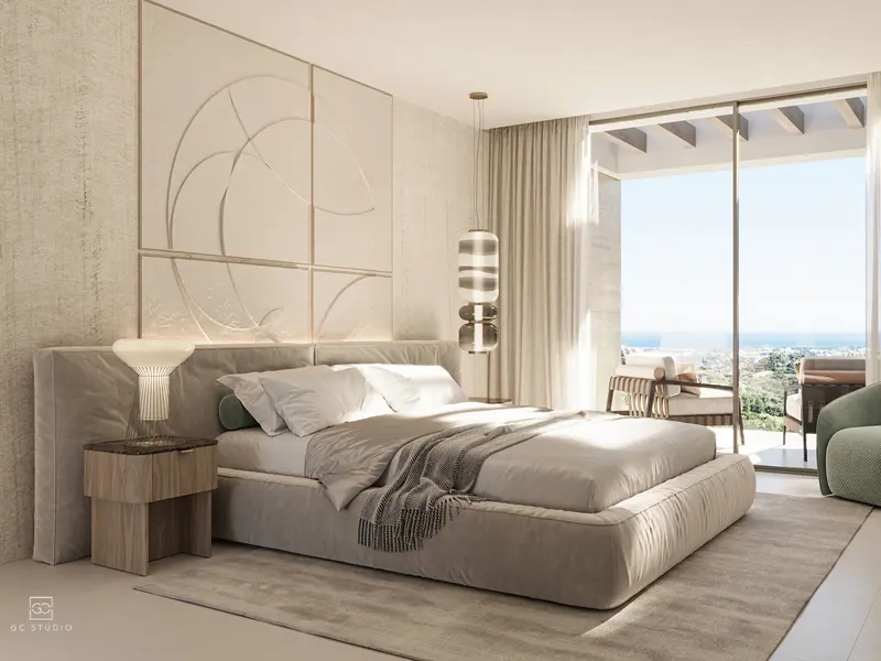 La suite principal, un refugio de paz con acceso directo a la terraza e impresionantes vistas al mar.