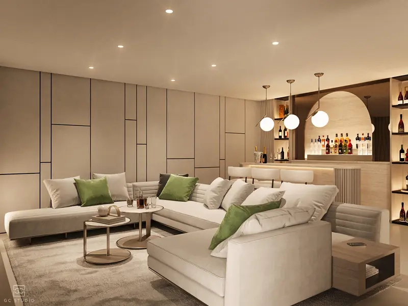 Una versátil sala de ocio con bar privado, perfecta para recibir invitados.