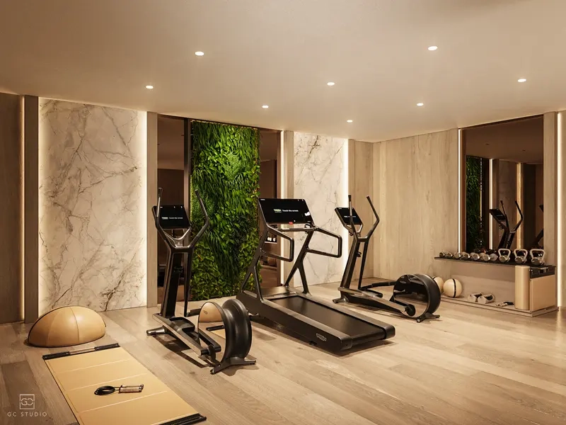 Una zona de bienestar privada y totalmente equipada para mantener su rutina de fitness en casa.