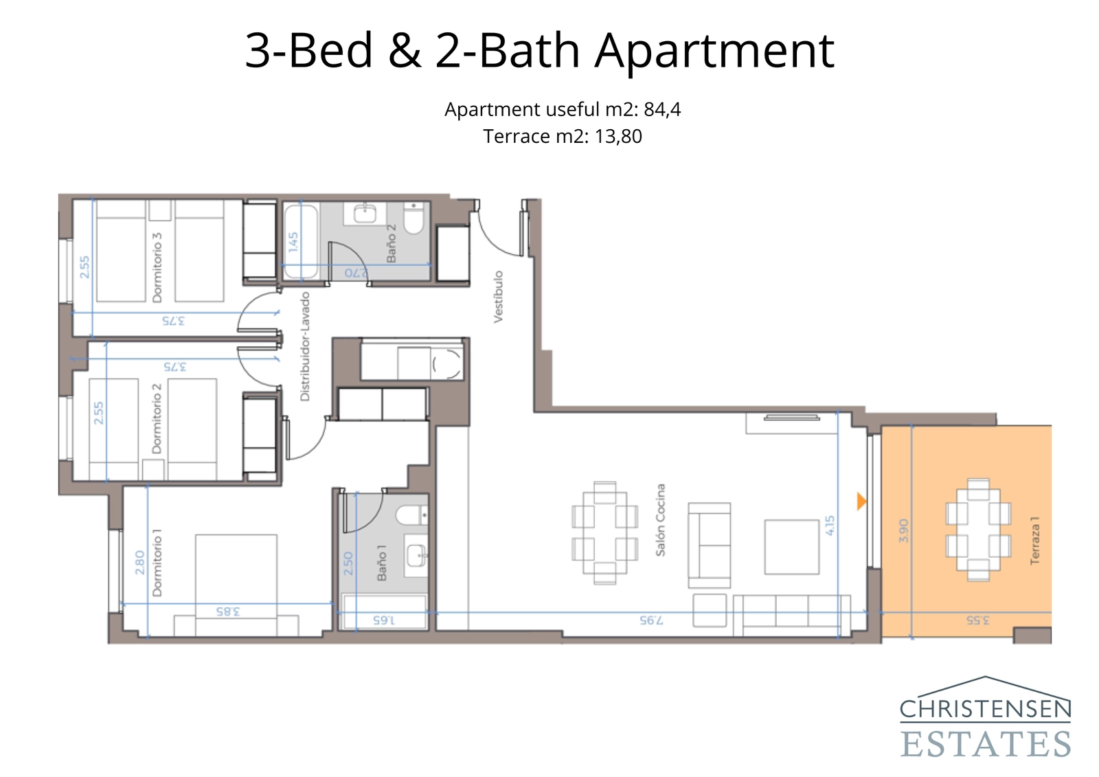 Plano de un amplio piso de tres dormitorios, diseñado para el confort y la funcionalidad con acceso directo a espacios exteriores.