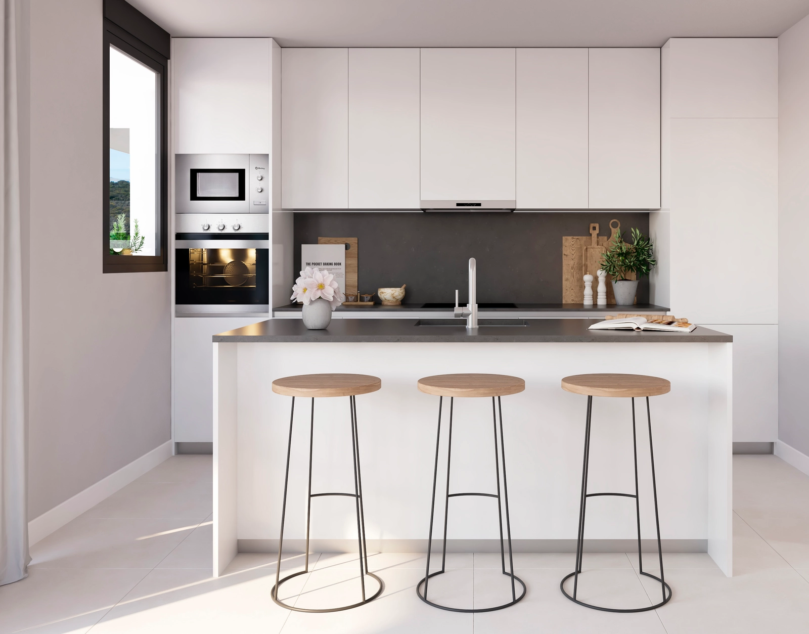 Modernas cocinas de concepto abierto, totalmente equipadas con electrodomésticos de alta calidad y eficiencia energética.