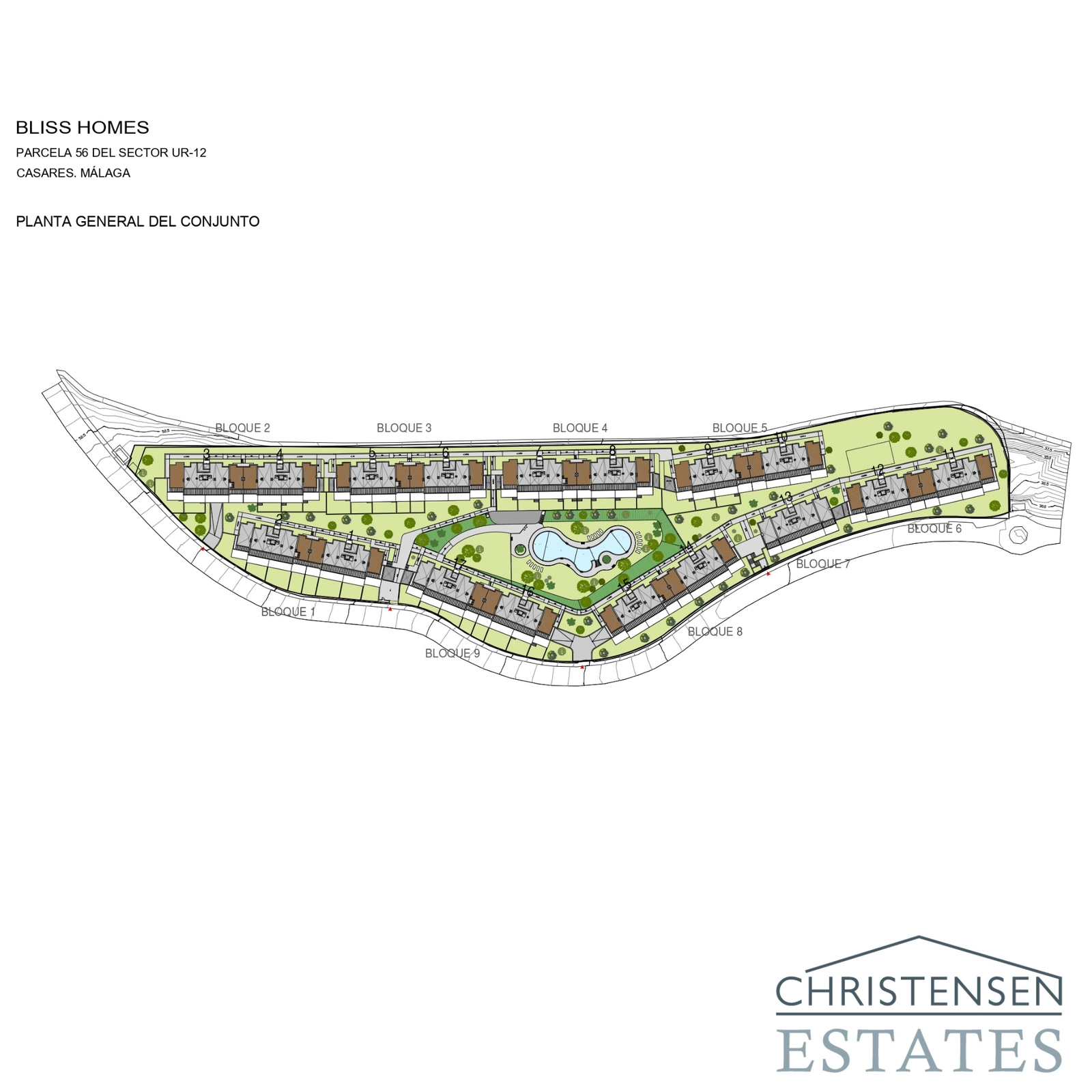 Este plano de situación ilustra la distribución general de la urbanización, mostrando los nueve bloques residenciales, la piscina comunitaria y las zonas ajardinadas.