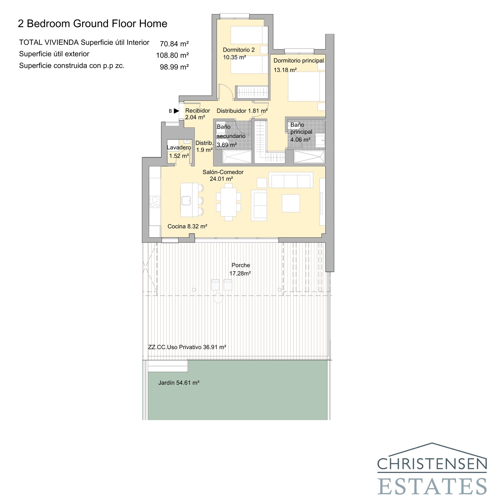 El plano del apartamento de dos dormitorios presenta una distribución inteligente con una zona de estar de concepto abierto que conecta con un amplio porche y un jardín privado.