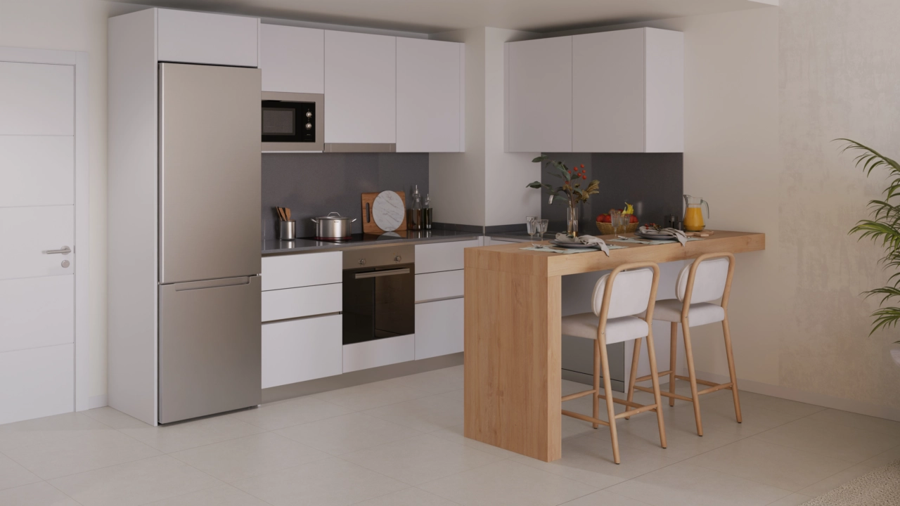 Las cocinas modernas están completamente equipadas con electrodomésticos de alta calidad y acabados elegantes.