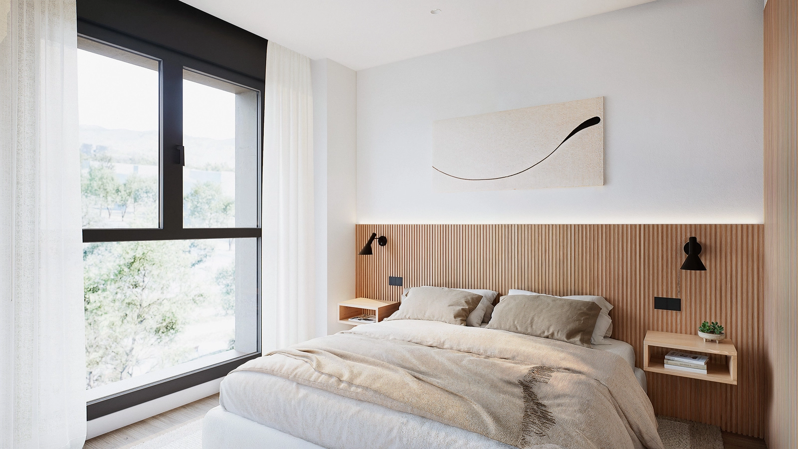 El dormitorio principal, un refugio tranquilo diseñado con materiales naturales y acceso directo a la luz natural.