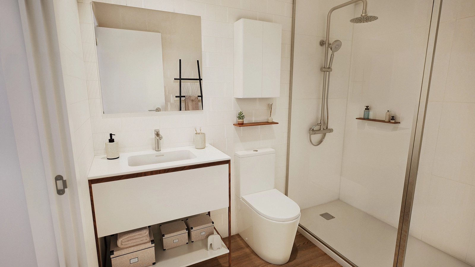 Un cuarto de baño elegante y funcional que cuenta con materiales de alta calidad y un diseño contemporáneo.