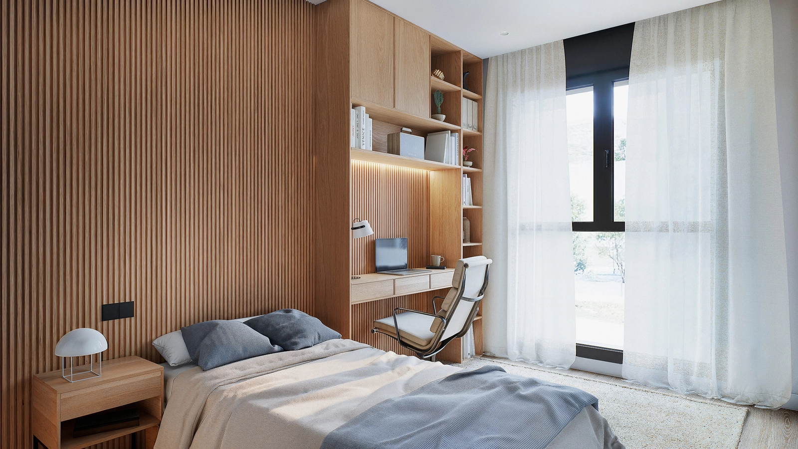 Un segundo dormitorio bien diseñado, completo con un escritorio integrado y almacenamiento, perfecto para la familia o una oficina en casa.