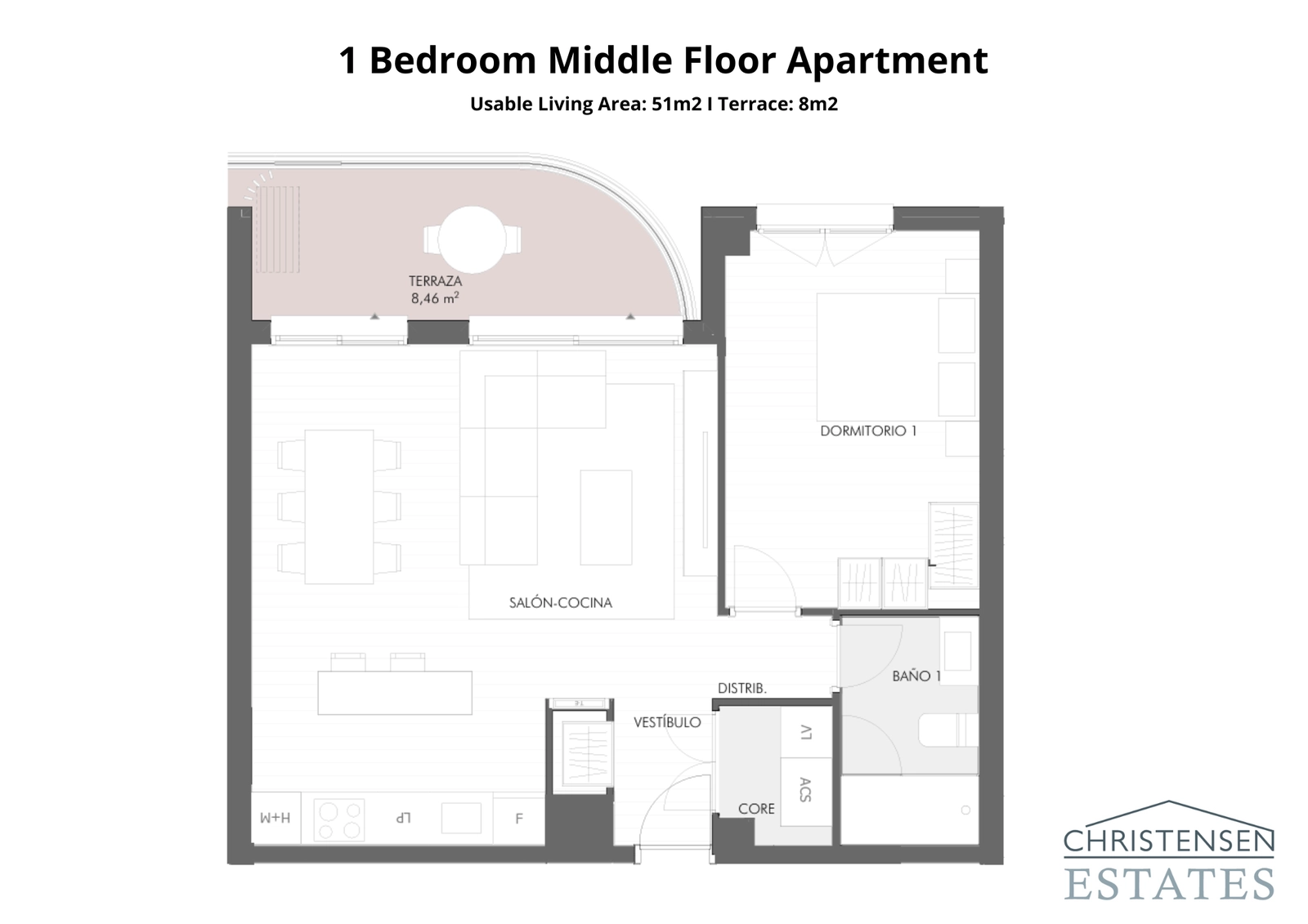 Plano de un piso de un dormitorio, diseñado para la vida moderna con un uso eficiente del espacio y una cómoda terraza privada.