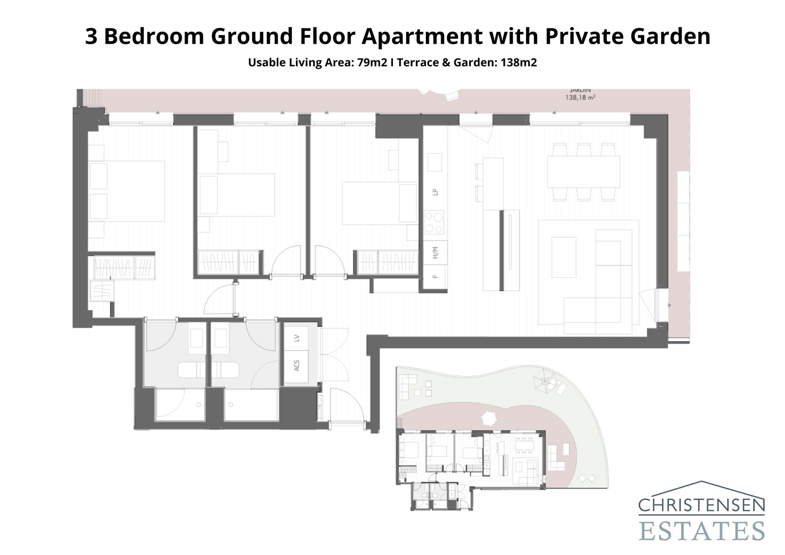 Plano de un piso de tres dormitorios en planta baja, con acceso directo a una amplia terraza y un jardín privado, que extiende el espacio habitable al exterior.