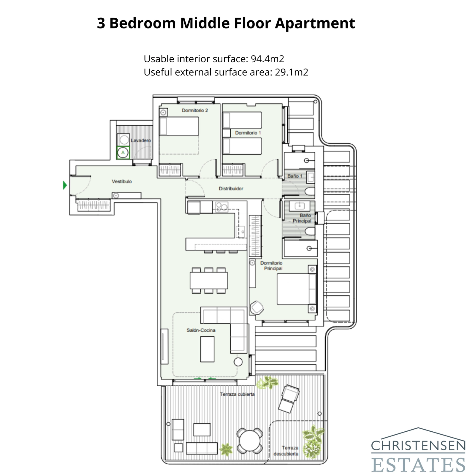 Este piso de tres dormitorios ofrece una distribución inteligente con generosos espacios de vida interiores y exteriores.